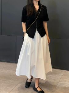 White A-Line Pleated Skirt Womens Mid-Length Slimming Versatile Summer 2025 New Style High Waist Classic Umbrella Skirt