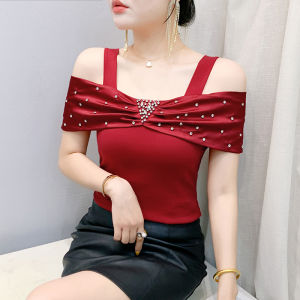YIMEI 2025 Summer New Style Party Heavy Industry Lotus Leaf Edge Nail Bead Off Shoulder Red Top Slimming Short Sleeve Cotton T-shirt Large Size Small Shirt for Women