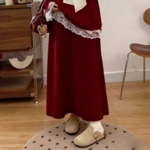 XUECAIQI | Red Color Matching Lace Bowknot Sweater and Skirt Set