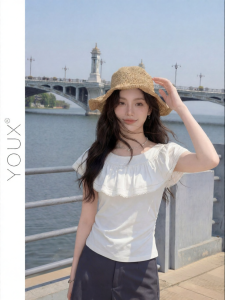 YOUXIANG | Áo Thun Ôm Cổ Dệt Ren Pháp
