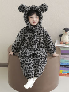 Boys Sleepwear Set Leopard Print Coral Fleece Home Clothes Long Sleeve Loose Fit Comfortable Soft French Terry Winter Outfit
