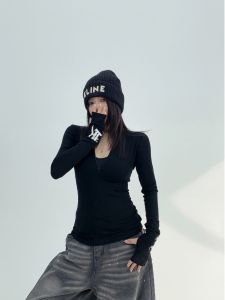 Slim Fit American Style Zipper V-Neck Long Sleeve T-Shirt Womens Casual Base Layer Black Streetwear Cotton Printed Top