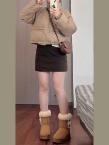 Korean Style High Waist Woolen Mini Skirt Womens Spring Autumn plus Size Slimming Wrap around Skirt Anti-Light Short Skirt