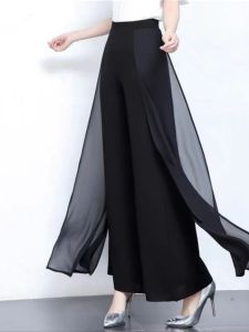 High Waist Draped Black Chiffon Wide Leg Pants Womens Casual Dance Summer Mommy Clothes Double Layer Long Trousers