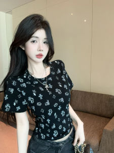 GUZILIAN | American Retro Cat Print Short Sleeve T-Shirt Womens Summer Slimming Versatile Short Shoulder Top Korean Style Commute Fashion