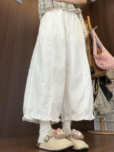 XIANYIJIAO | White Bud Pants Casual Loose Ice Silk Ruffle Trim Nine-Quarter