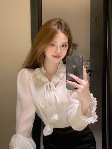 GUZILIAN | French Style Stand Collar White Shirt Womens Gentle Design Casual Loose Simple Beautiful Top Korean Version Commute Wind