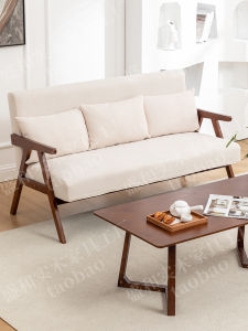 Simple Vintage Walnut Colored Fabric Sofa Wooden Frame Small Size Adult Couch Durable Sponge Filling Easy to Assemble And Clean