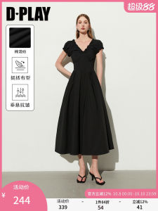 Elegant Black Summer Dress French Style Beach Dress Womens Long Dress DPLAY2025 V-Neck Short Sleeve Slim Fit A-Line Dress