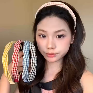 Bando Kepang Twist Wanita Motif Kotak Kotak Bando Bandana Lebar Aksesoris Rambut HG BDO27
