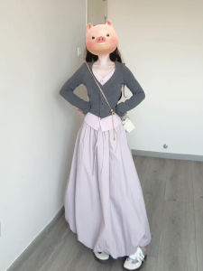 KENI/Plus Size French Style Contrast Colors False-Two-Piece Knitting Tops Womens Autumn Plus Size Ladies Pink Bud Skirt Mid-Length Dress Set
