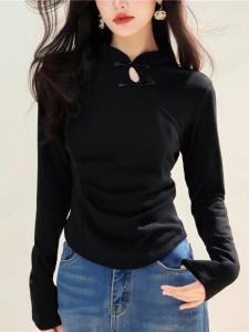 New Chinese Style Pure Cotton Long Sleeve T-Shirt Womens Design Sensation Slimming Hollow out Button Stand Collar Top