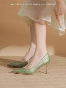 สีเขียว สไตล์จีน ชุดกี่เพ้า รองเท้าส้นสูง ผู้หญิง รองเท้าหัวแหลมส้นบาง เรียบหรู แฟชั่นเข้ากันกับกระโปรงทั้งหมด ฤดูร้อน 2024