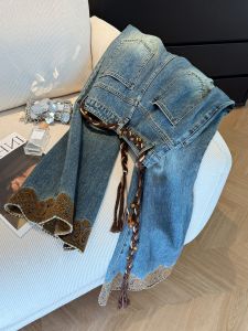 SHULINDAN | Quần Jeans Xanh Vintage Thêu Cao Waisted Xòe