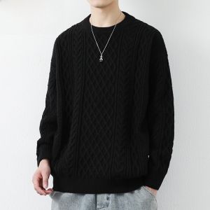 HENGYUANXIANG | Thickened Stripe Knitted Sweater For Men In Red Loose Fit Round Neck Casual Fashion Urban Style Winter Season Youth Active Style