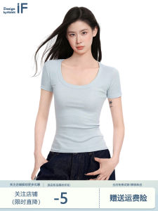 เสื้อยืดคอกลมแขนสั้นทรงสลิมฟิตสำหรับผู้หญิงในฤดูร้อน เสื้อชั้นในคอวีสีน้ำเงิน ทรงสลิมฟิต แขนสั้น เสื้อผ้าทำงานสไตล์ลำลอง