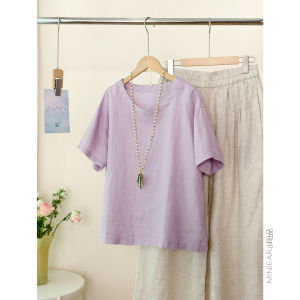 XIAOER | Áo Thun Nữ Tay Ngắn Form Rộng Slim 100% Gai Vải Linen Đã Qua Xử Lý