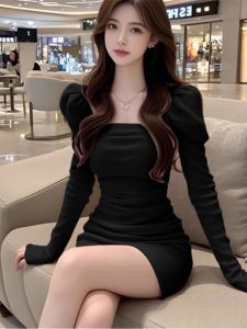 Elegant Short Black Dress Slimming Sweet And Spicy Girl Commute Fashion High Waist Bubble Sleeve Pleated Skirt Bodycon Dress