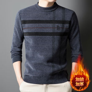 เสื้อสเวตเตอร์คอปกสูงแบบหนาสำหรับผู้ชายในฤดูหนาว เสื้อเชิ้ตพื้นฐานแบบสวมหัว ทรงหลวม ผ้าขนแกะหนา ปักลาย ไม่ต้องรีด