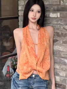 chaqi | American Style Spicy Girl Orange Print Hanging Neck Vest Women Summer Slimming Exposed Back Sleeveless Chiffon Top