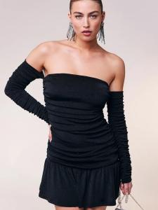 Váy Ngắn Hở Vai Xếp Ly Loavie Màu Đen Gợi Cảm Cho Nữ Mùa Xuân Hè Thu Đông Váy Midi Cổ Chữ V Dài Tay Váy Công Sở