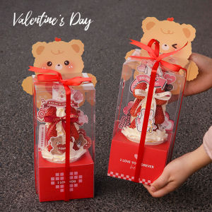 Valentines Day Strawberry Tower Cake Decoration Sweet Bear Couple Confession Dessert Packaging Box Romantic Ornament Display