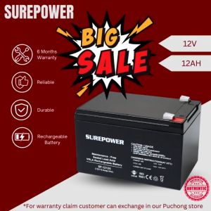 Surepower Maintenance Free Sealed Lead Acid Battery (12V 12AH) Rechargeable batteri battery/ cctv/ alarm/ barrier/ fire alarm/ UPS/ auto gate system/ door access system/