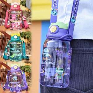 650ml Kids Water Bottle Cartoon Pattern for School Use Portable Plastic Water Cup with Straw