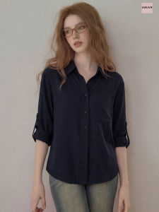 KBVVR | Navy Blue Straight Shoulder Sun Protection Long Sleeve Blouse