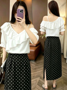 Trendy Epaulet Off-Shoulder Blouse with Polka Dot Skirt Set