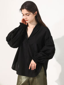 Miccbeirn | Silk Cotton V-neck Shirt Sweet Style Long Sleeve Lantern Sleeve Simple Design Summer Top Drapey Material Cotton 75% Silk 25%