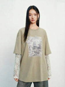 PEACEBIRD | Patterned Loose Long Sleeve T-Shirt with Lace Layer