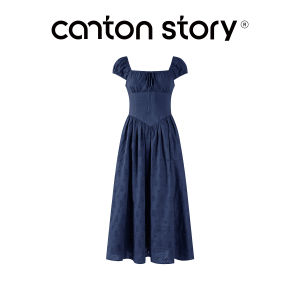 Cantonstory | Đầm Dài Phong Cách Pháp Màu Xanh Đậm Cổ Vuông Thêu Họa Tiết Tay Bồng Nơ Ép Eo