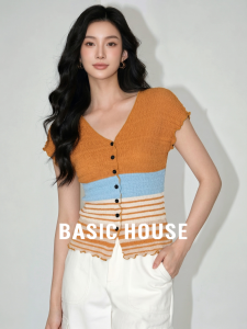 Basic House | Orange Striped V-Neck Slim Fit Ice Silk Blouse