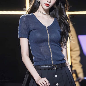 Fashionable Light Mature Beautiful Blue Knitting V Neck Zipper Short Sleeve Knitwear Womens Summer Chic Super Nice Tops