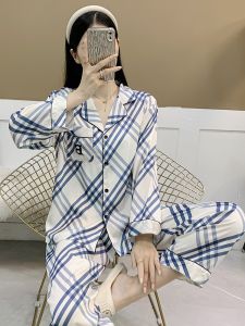 ผ้าไหม ชุดนอน ผู้หญิง ชุดเสื้อผ้าบ้านแขนยาว ลายทาง ลายหรูหรา น้ำหนักเบา สีฟ้า สีขาว ลายทาง S Youth Suitable