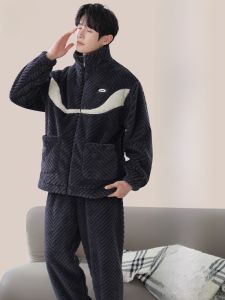 miiow | Thickened Coral Fleece Flannel Pajamas Mens Home Clothes Long Sleeve Zipper Closure Comfortable Warmth Autumn Winter Sleepwear