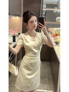 Young Revised Chinese Style Cheongsam Dress Elegant Ladylike High Waist A-Line Skirt Short Sleeve Summer Fashion for Women