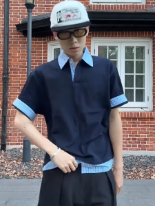 Korean Plaid Short Sleeve Waffle Polo Shirt For Men Cleanfit Collar Casual Tops
