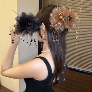 Feather Tassel Clip for Women New Style Beads Flower Tassel Shark Clip Hairpin Headdress Accessories