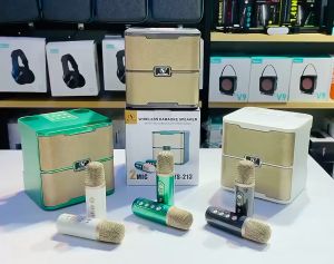 Wireless bluetooth dual-microphone karaoke speaker na angkop para sa mga panlabas na pagtitipon ng pamilya.