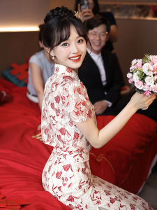 Elegant Short Chinese Wedding Dress for Women Bride-to-be Customized Engagement Ceremony Luxury Sensation Floral Patterned