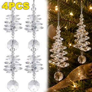 4Pcs Crystal Christmas Tree Hanging Ornaments Beaded Clear Crystal Tree Pendants for Home Xmas & Winter Party Decor