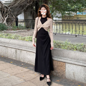 Elegant Black Neckline Dress Set Womens Early Autumn New Style Long Skirt High Waist A-Line Sweet Style Casual Fashion