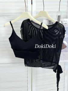 Spring Summer Yoga Dance Fitness Clothes Set Fly Sleeve Top Cover up Bare Feeling Backless Strap Vest Women Slimming Breathable