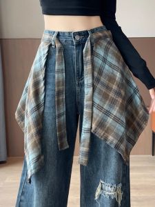 Retro High Waist Wide Leg Denim Jeans Womens Spring Autumn Fake Two-Piece Design Loose Fit Straight Cut Pants