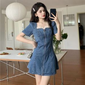 Slimming High Waist Short Denim Dress with Lace Design for Women Thin Summer Style Large Size Bubble Sleeve Korean Commute