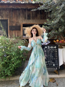 Váy Midi Không Tay Cổ Chữ V Họa Tiết Hoa Màu Xanh Váy Du Lịch Mùa Hè Cho Nữ Váy Dự Tiệc Váy Dài Không Tay Cổ Chữ V