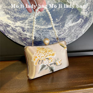 Retro Chinese Style Embroidered Cheongsam Pearl Handbag Wedding Banquet Womens Bag Small Square Shoulder Crossbody Bag