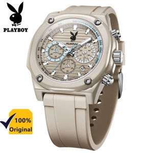 เพลย์บอยนาฬิกากันน้ำสำหรับผู้ชายนาฬิกาแฟชั่นลำลองซิลิโคนควอตซ์ปฏิทินเรืองแสงหน้าปัดโครโนกราฟมัลติฟังก์ชัน